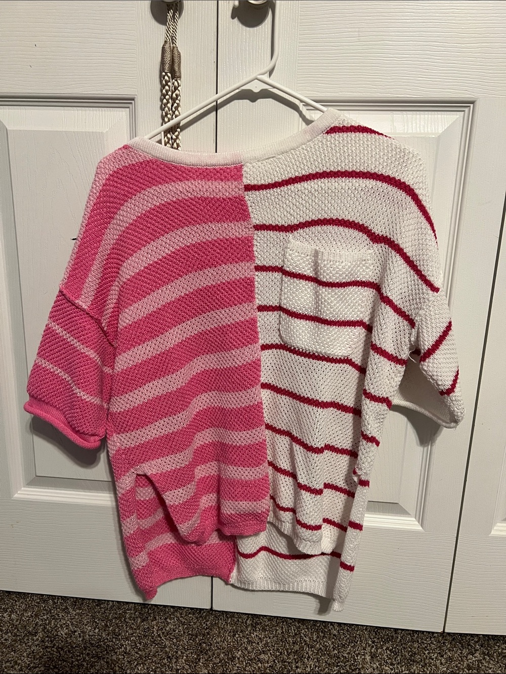 Striped Pink & White Short Sleeve Crewneck Sweater